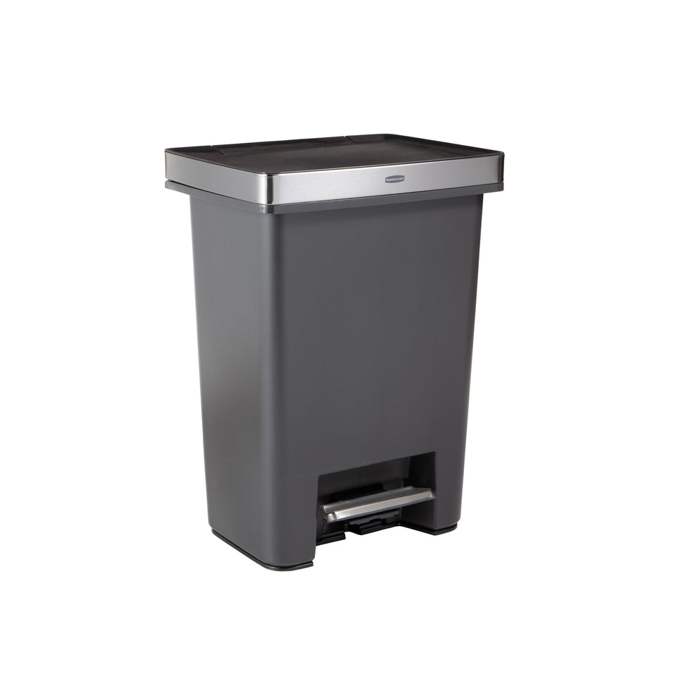 Rubbermaid Premier 19-gallon step-on trash can front view shows a sleek charcoal finish for a tidy kitchen