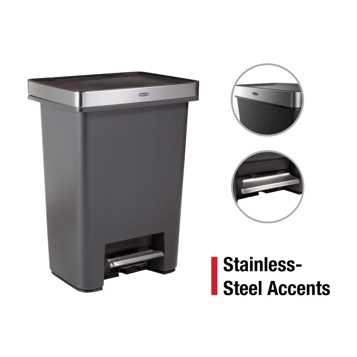 Rubbermaid Premier 19-gallon step-on trash can interior with bag fit shows flexible trash and recycling options