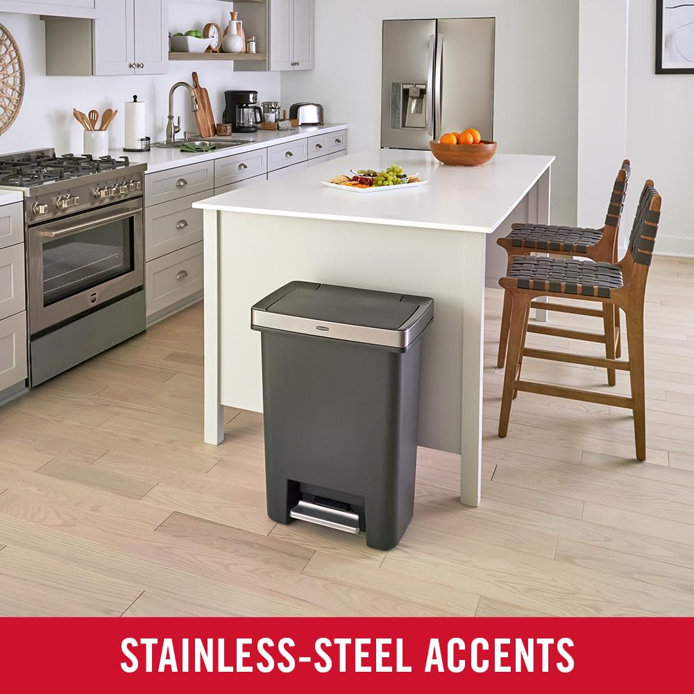 Rubbermaid Premier 19-gallon step-on trash can in a home kitchen, showcasing spacious capacity