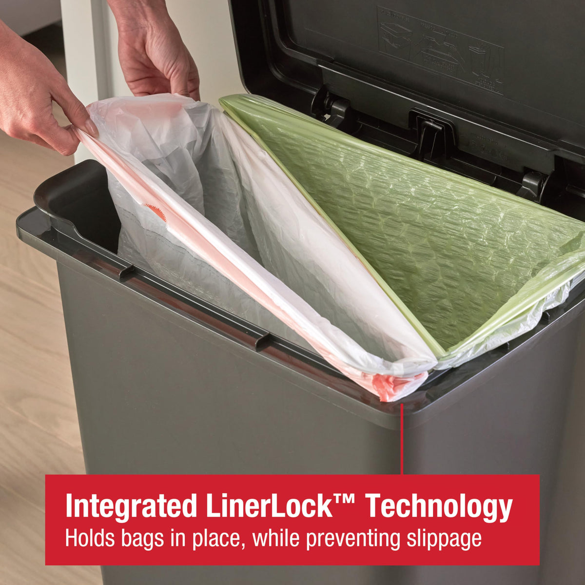 Rubbermaid Premier 19-gallon step-on trash can linerLock feature secures bags and reduces slipping during disposal