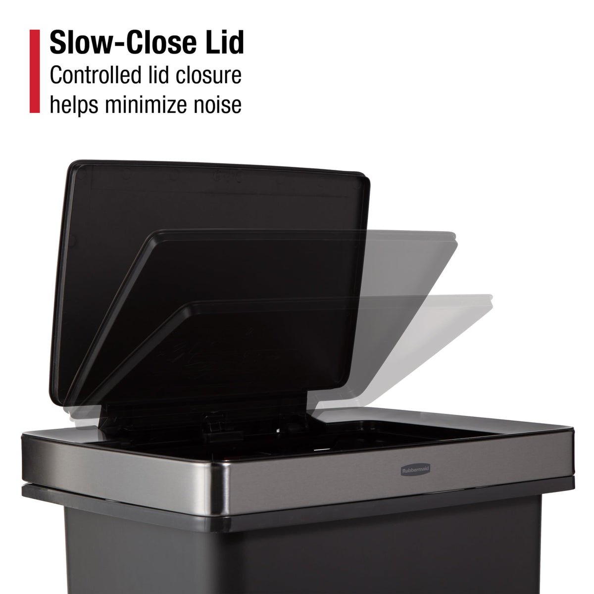Rubbermaid Premier 19-gallon step-on trash can stainless-steel rim close-up for premium look