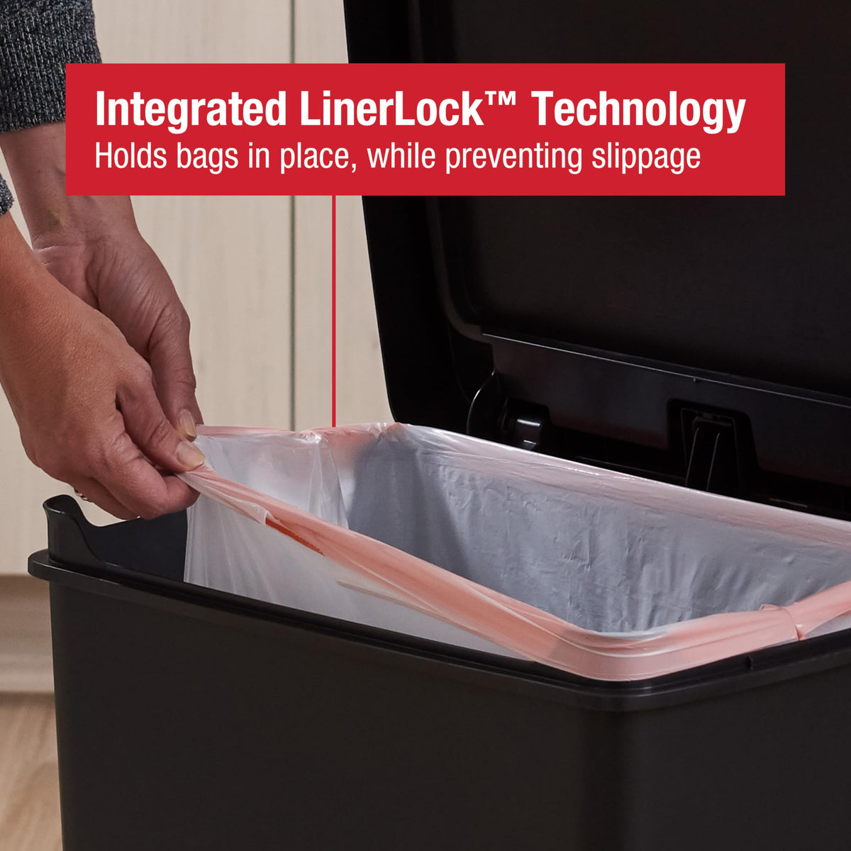 Rubbermaid Premier II slow-close lid reduces noise during use.