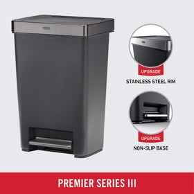 Rubbermaid Premier Series III trash can showing a stainless-steel rim for a polished kitchen look
