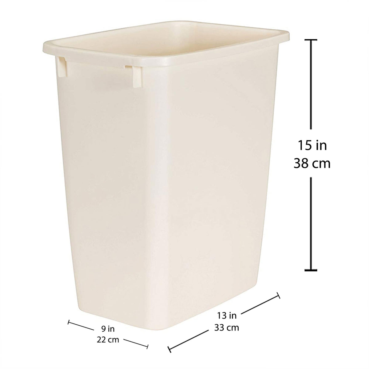 Rubbermaid rectangular wastebasket in bisque fits beside toilets