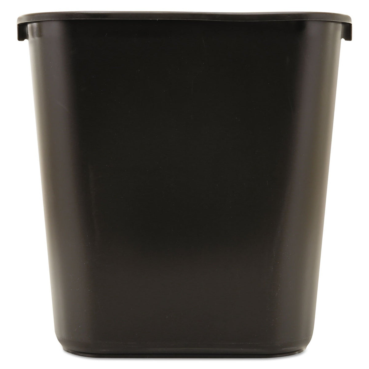 Rubbermaid resin wastebasket under desk in black, ideal for tidy deskside waste management.