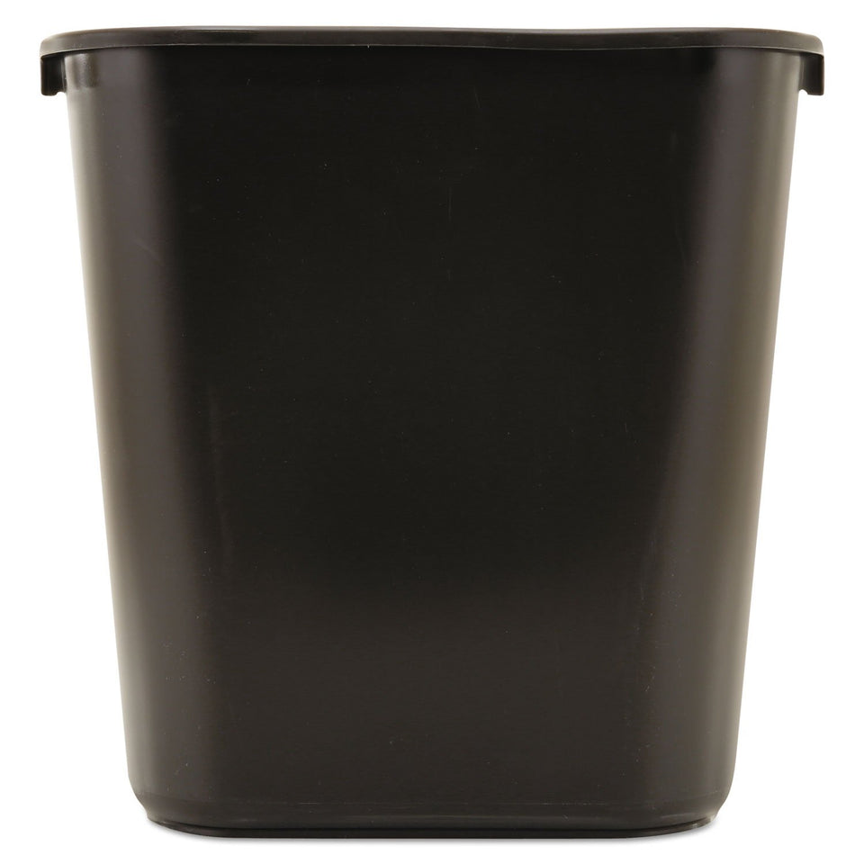 Rubbermaid resin wastebasket under desk in black, ideal for tidy deskside waste management.