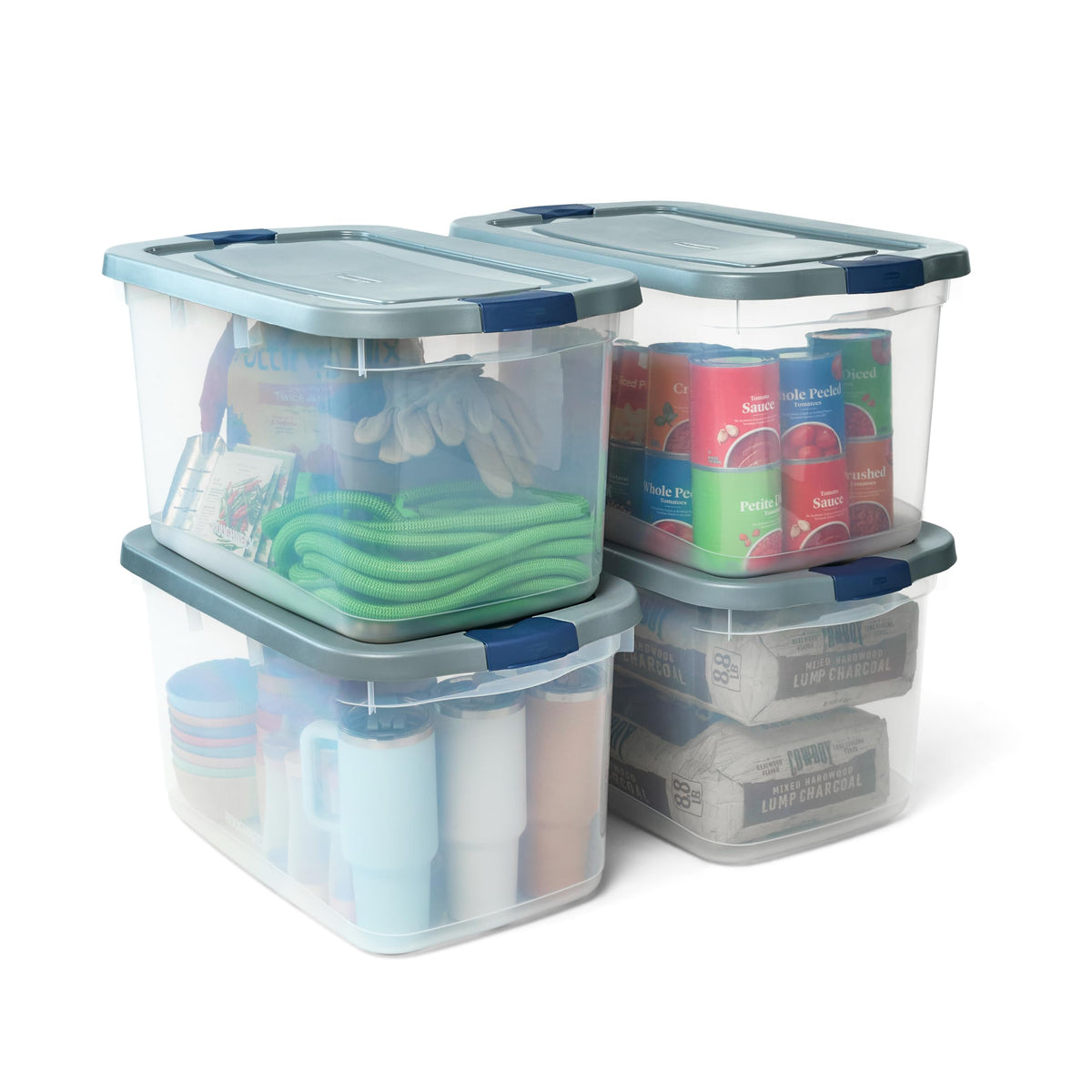 Rubbermaid Roughneck 66 qt clear bin with lid shows secure storage and easy access.