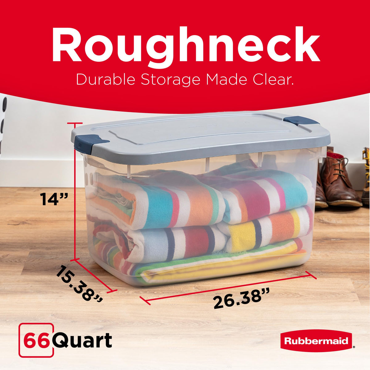 Rubbermaid Roughneck clear base visible for quick identification of contents.