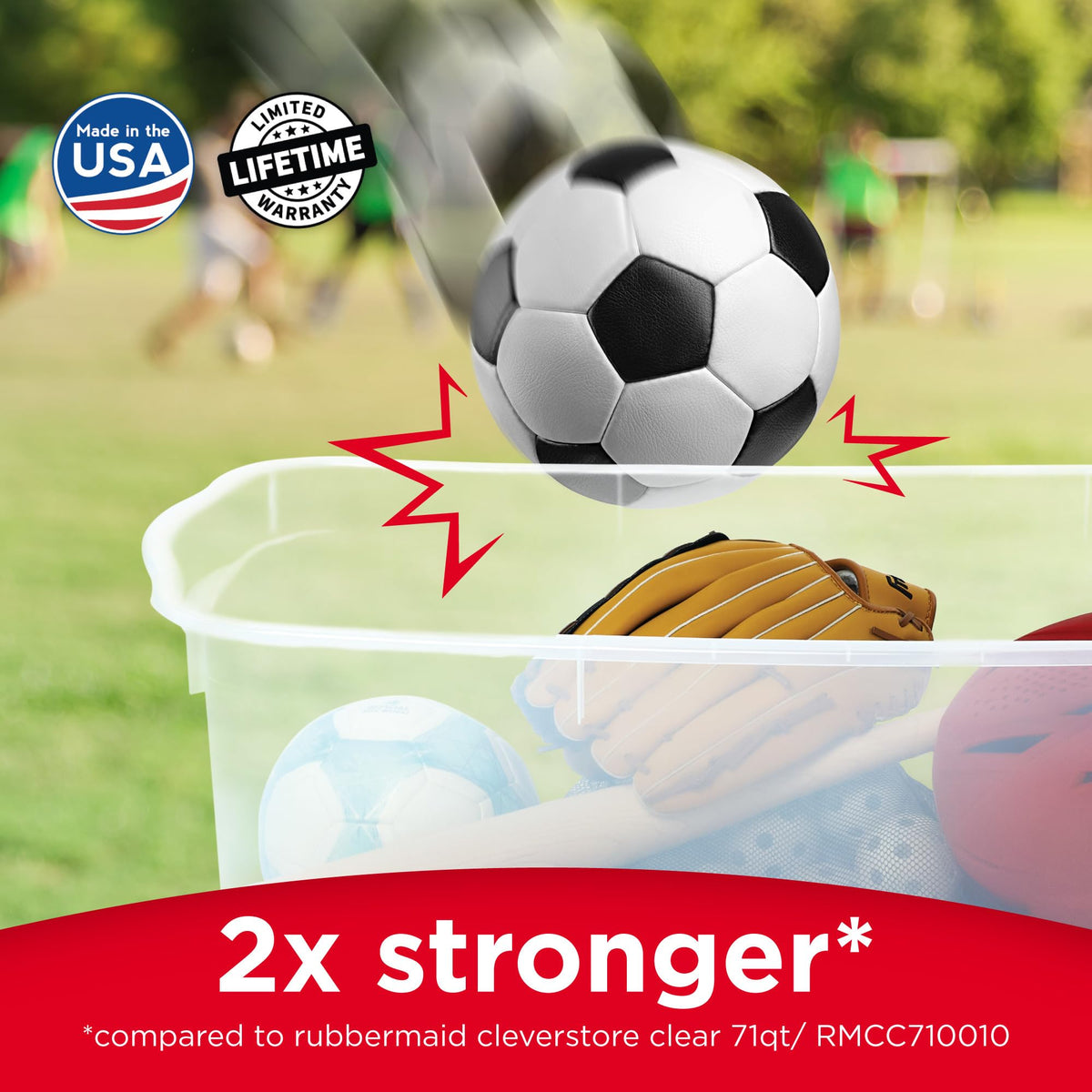 Rubbermaid Roughneck stackable design saves space and simplifies organization.