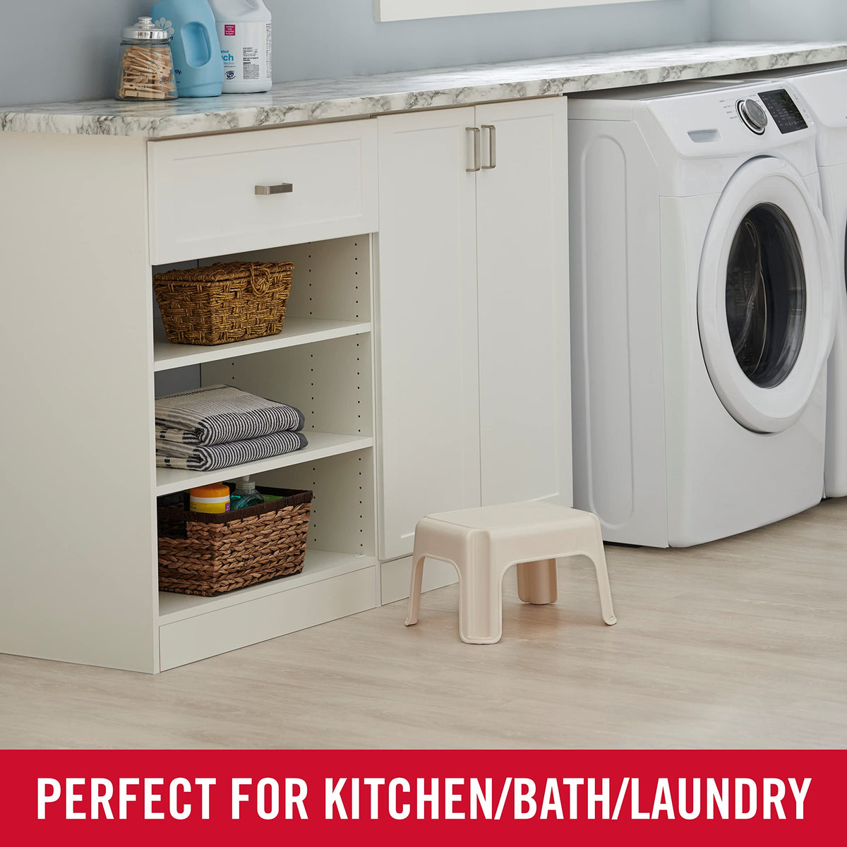 Rubbermaid Roughneck Step-Stool Bisque four skid-resistant feet prevent slips on floors.