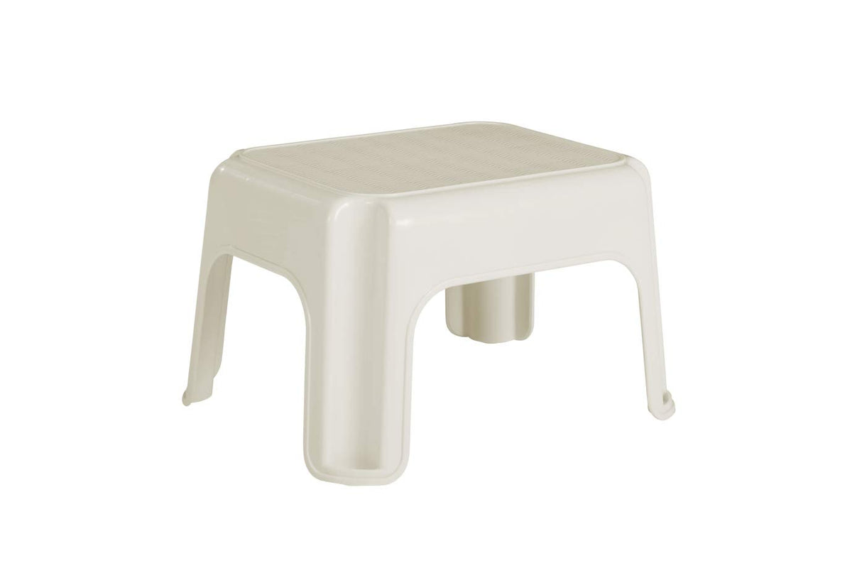 Rubbermaid Roughneck Step-Stool Bisque front view for reaching high shelves safely.