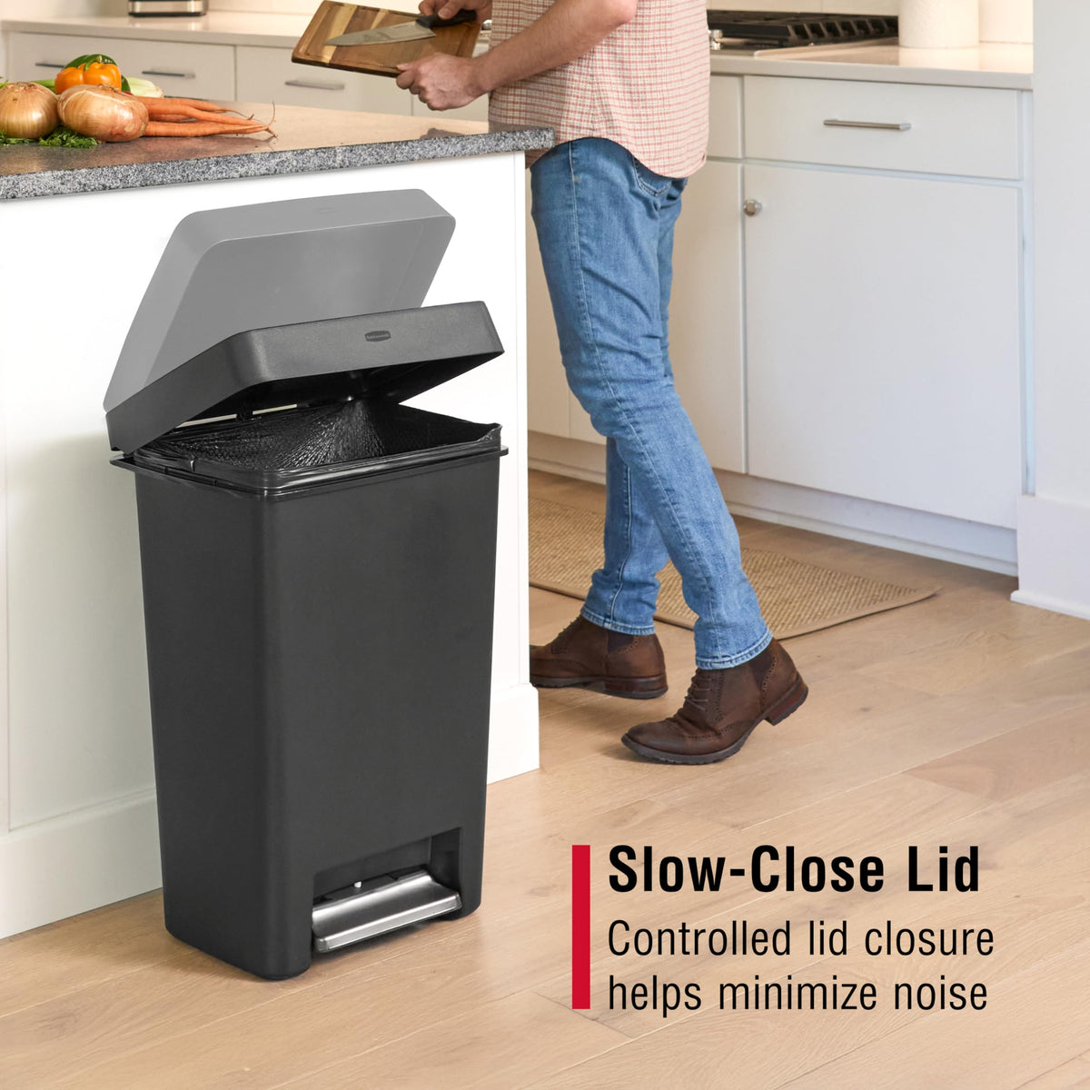 Rubbermaid slow-close lid minimizes noise during disposal
