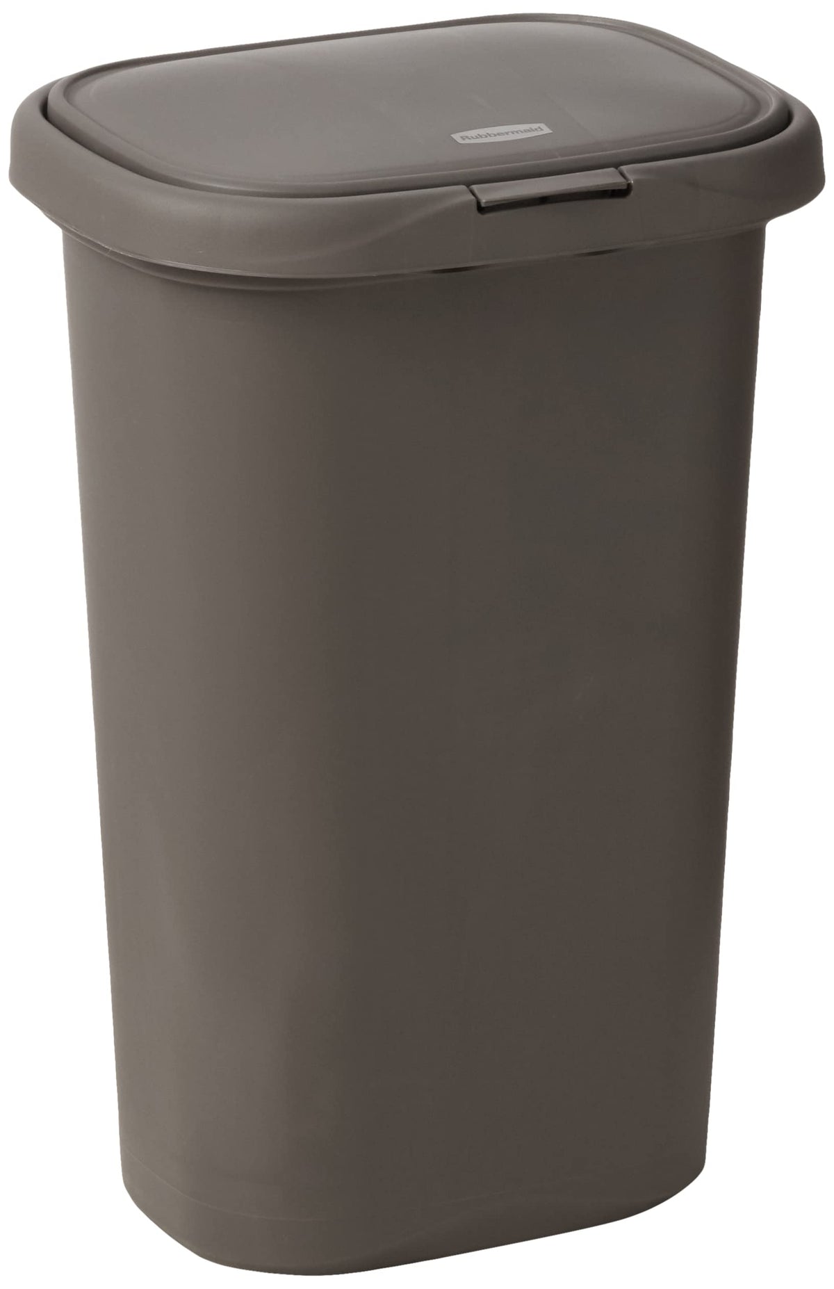 Rubbermaid Spring Top trash can with gray lid for easy one-touch disposal.
