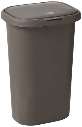 Rubbermaid Spring Top trash can with gray lid for easy one-touch disposal.