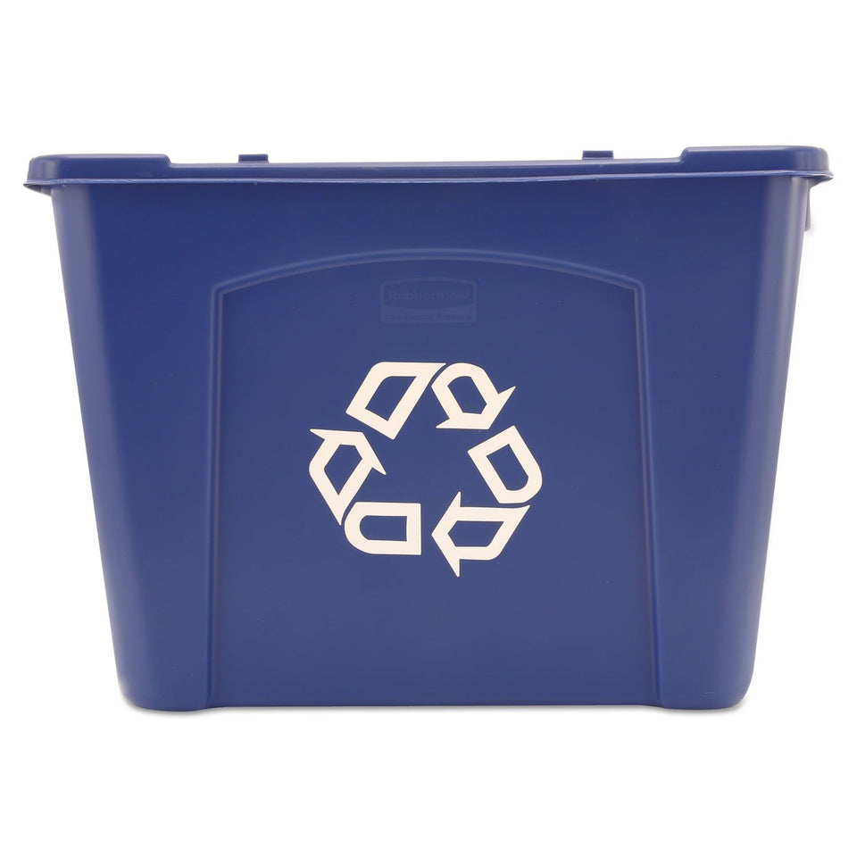 Rubbermaid stackable 14gal blue recycling bin with built-in handles for easy lifting