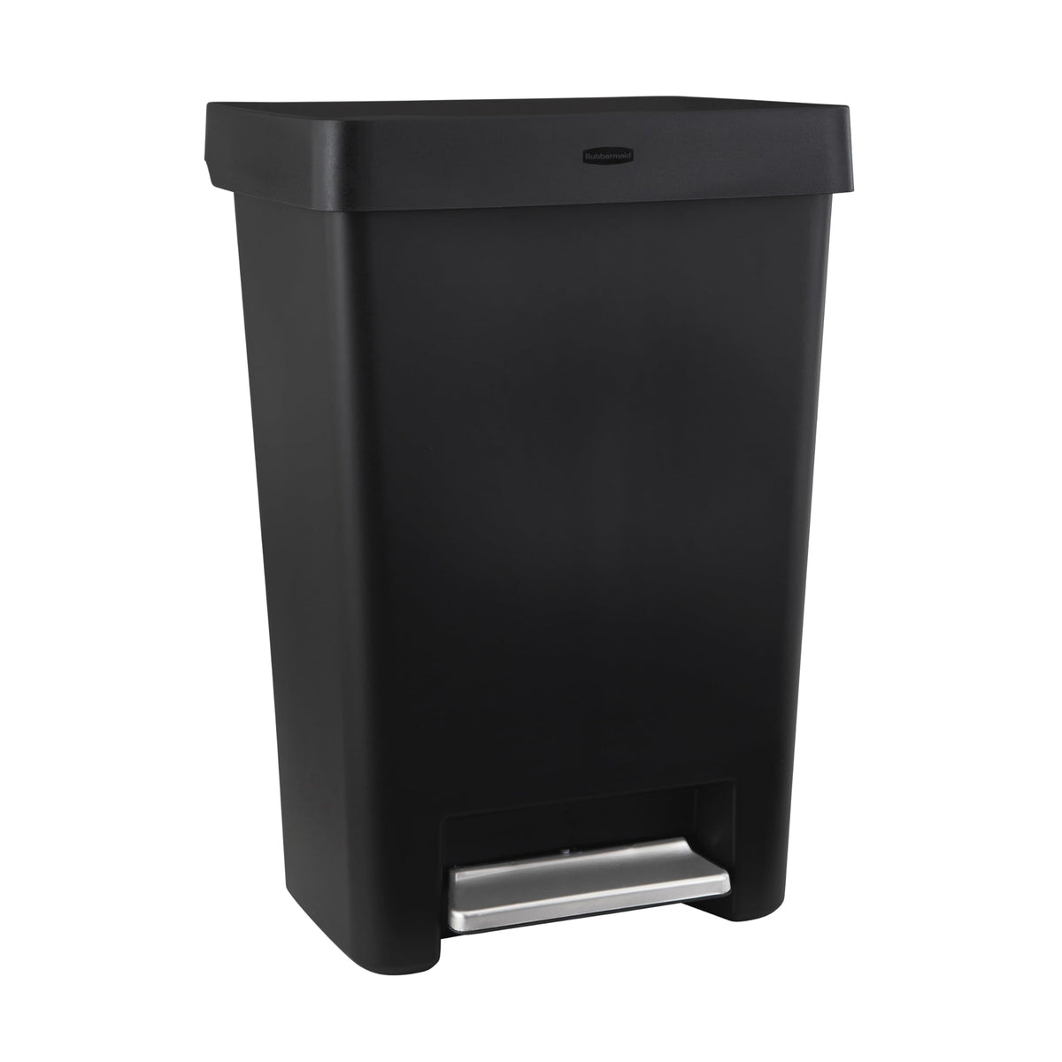 Rubbermaid step-on kitchen trash can lid-closed in black, hands-free operation
