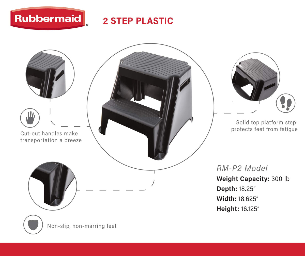 Rubbermaid step stool with non-slip treads enhances stability on stairs and countertops.