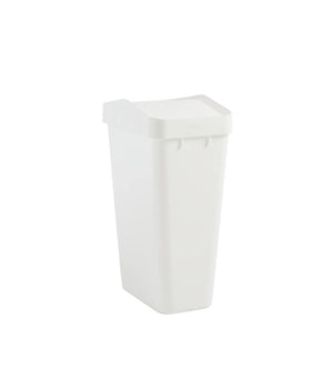 Rubbermaid Swing Top in white with domed lid for easy waste disposal.
