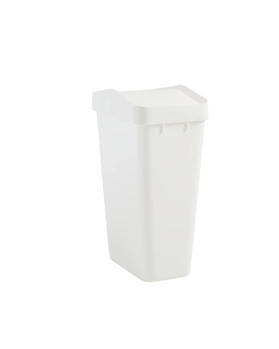 Rubbermaid Swing Top in white with domed lid for easy waste disposal.