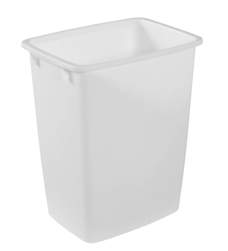 Rubbermaid 9G rectangular waste bin under sink, efficient space use.