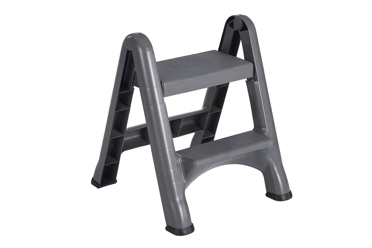 Rubbermaid two-step stool with a 14-inch high top step for easy reach.