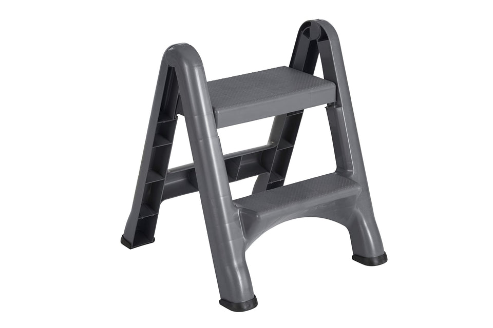 Rubbermaid two-step stool with a 14-inch high top step for easy reach.