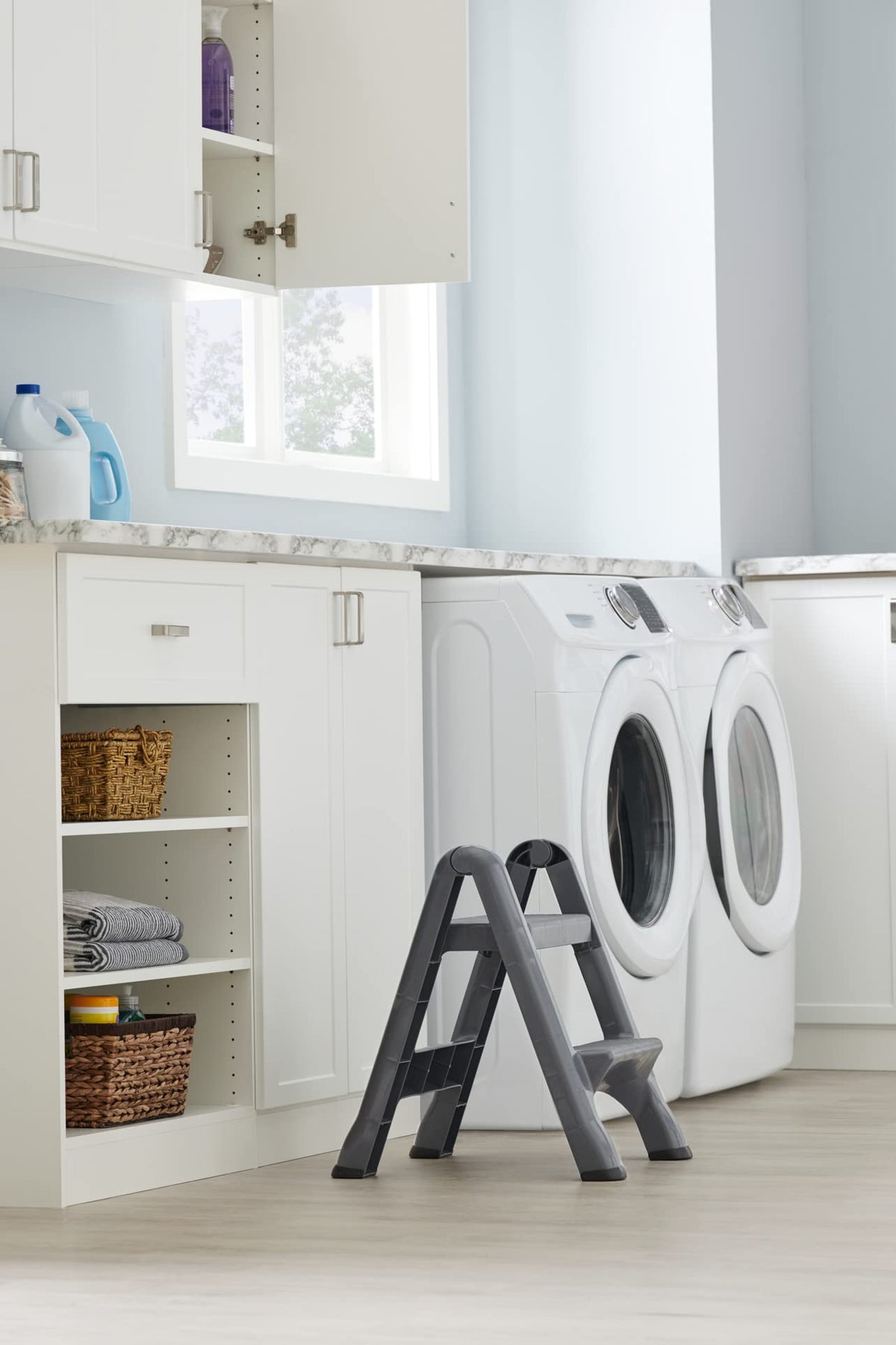 Rubbermaid two-step stool supports up to 300 pounds.