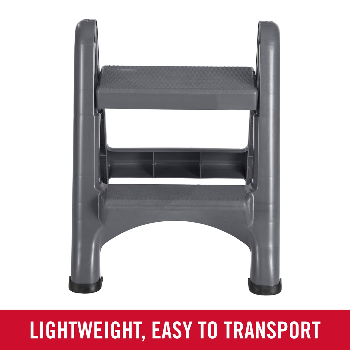 Rubbermaid two-step stool folded upright for compact storage in small spaces.