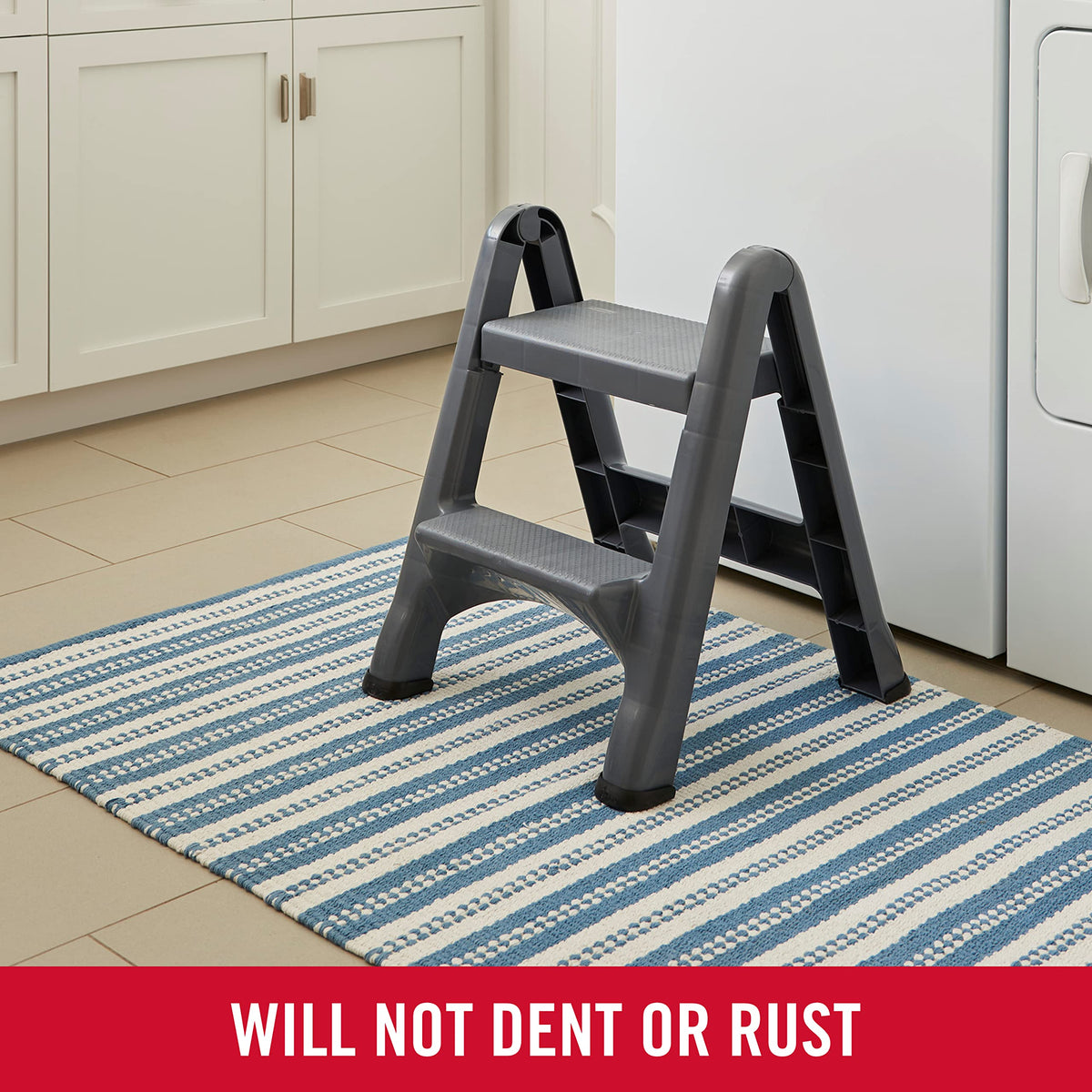 Rubbermaid two-step stool is lightweight for easy transport.