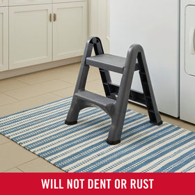 Rubbermaid two-step stool is lightweight for easy transport.