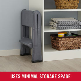 Rubbermaid two-step stool resists rust for durability.