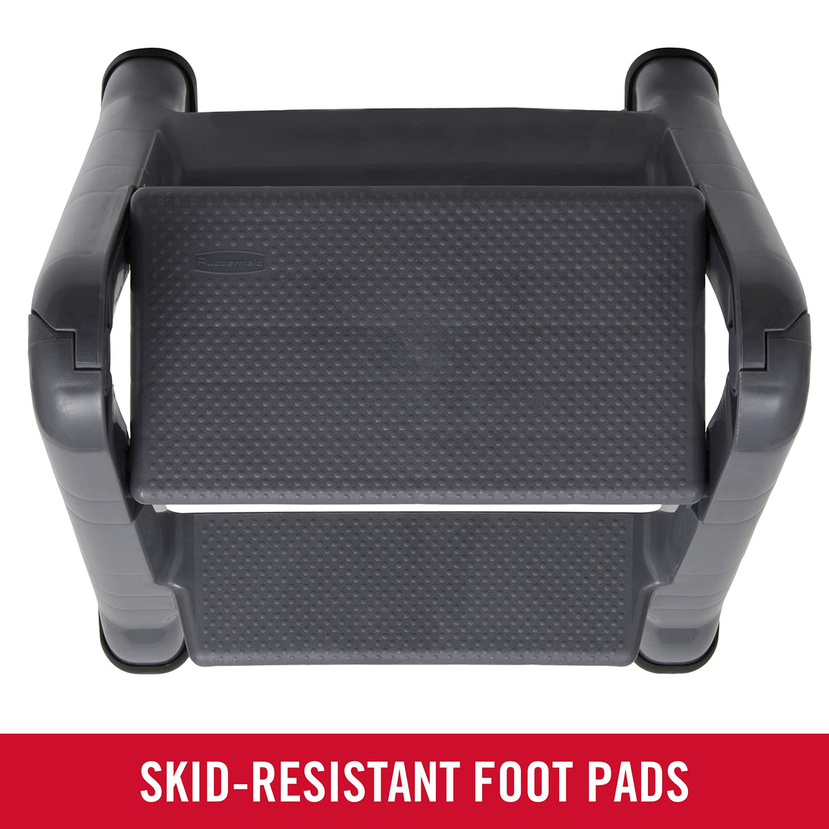 Rubbermaid two-step stool with skid-resistant foot pads for stable use.