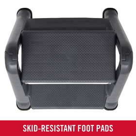 Rubbermaid two-step stool with skid-resistant foot pads for stable use.