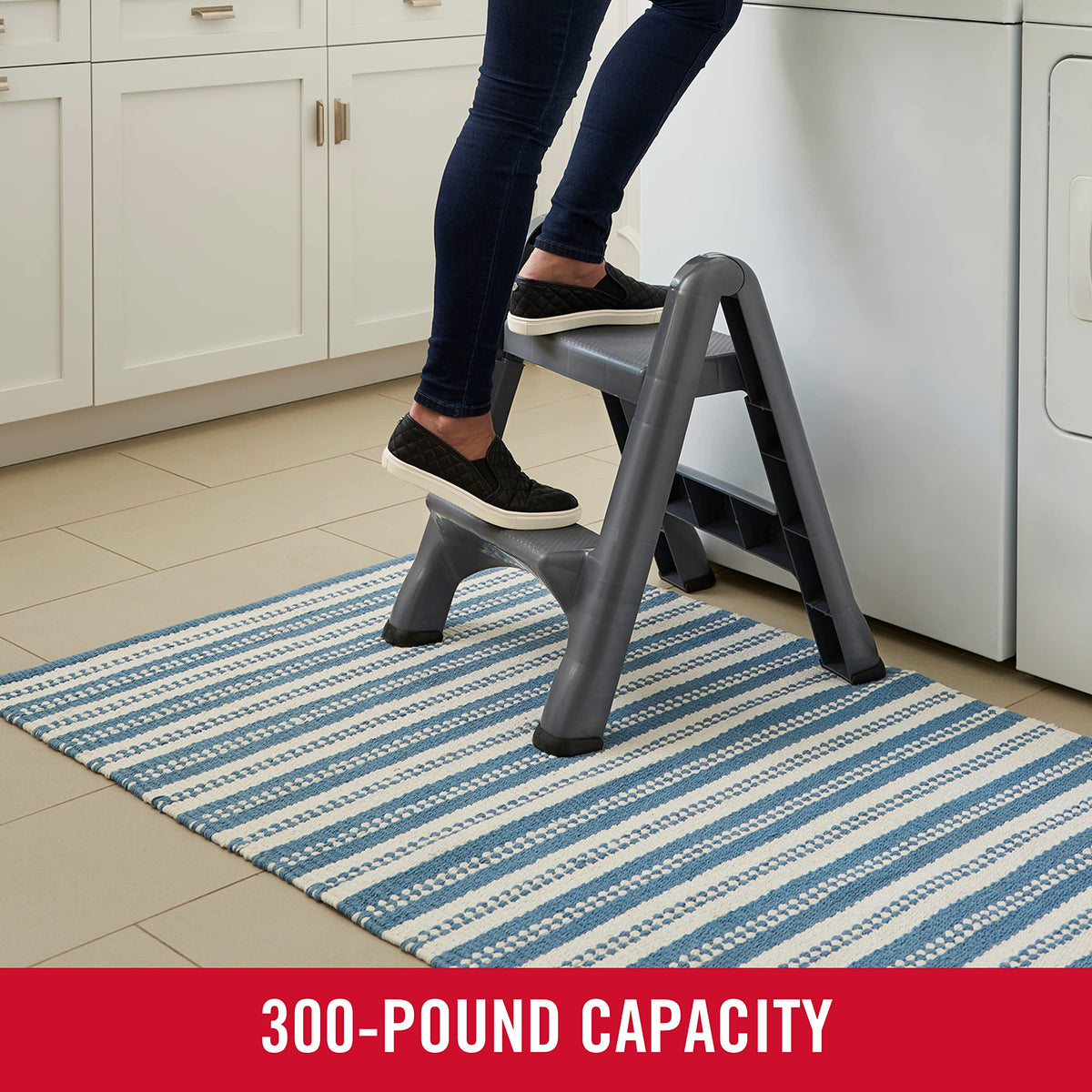 Rubbermaid two-step stool surface on each step is slip-resistant.