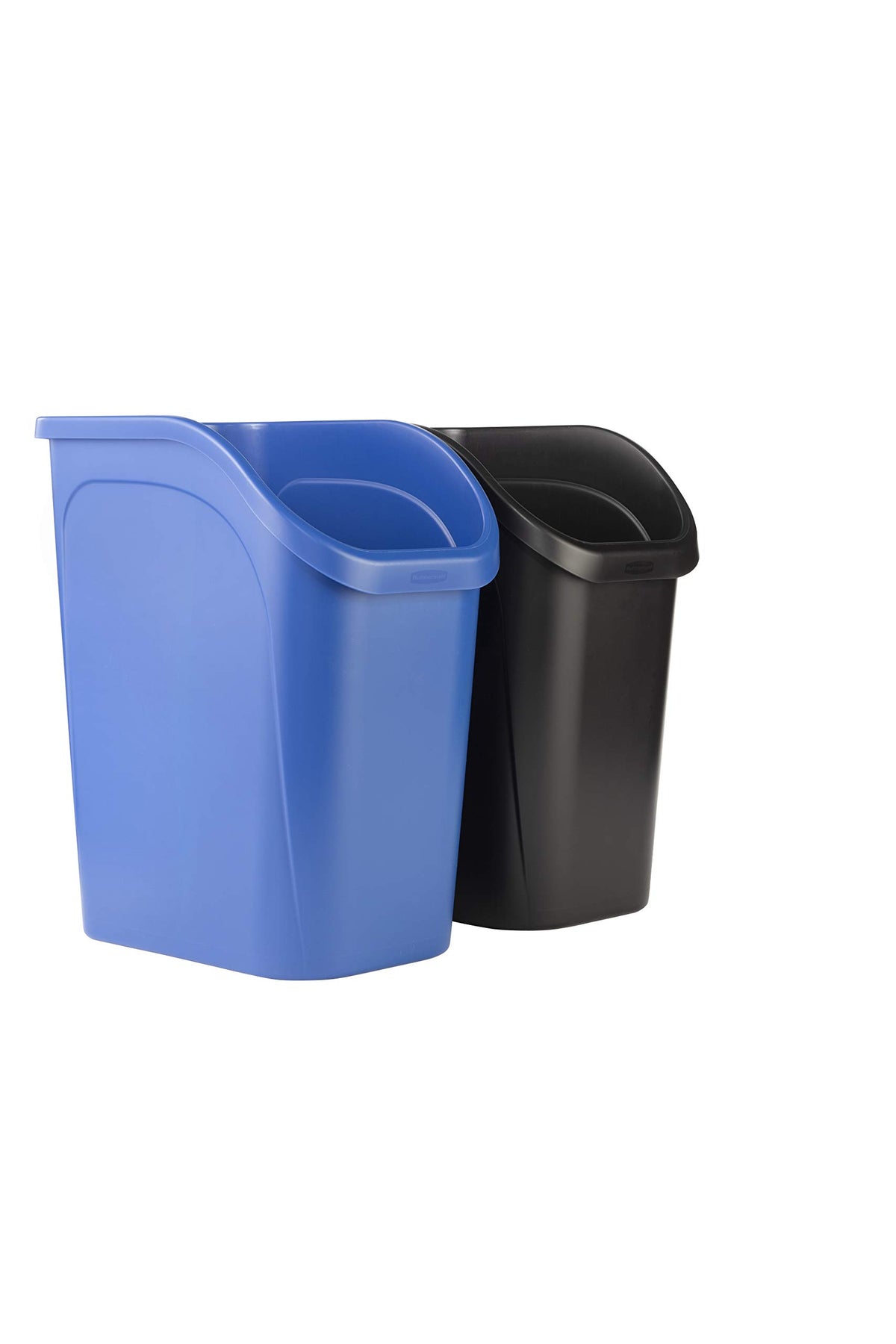 Rubbermaid undercounter blue trash bin opening enables quick dual-stream waste access.