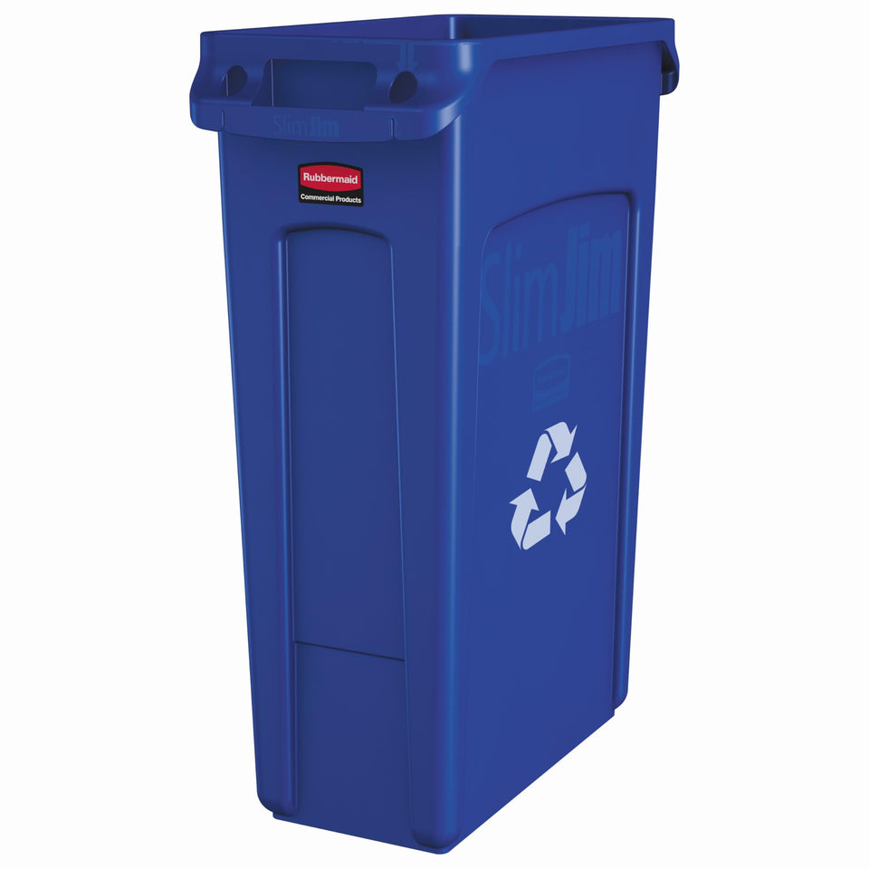 Rubbermaid vented Slim Jim 23-gallon blue bin eases bag removal
