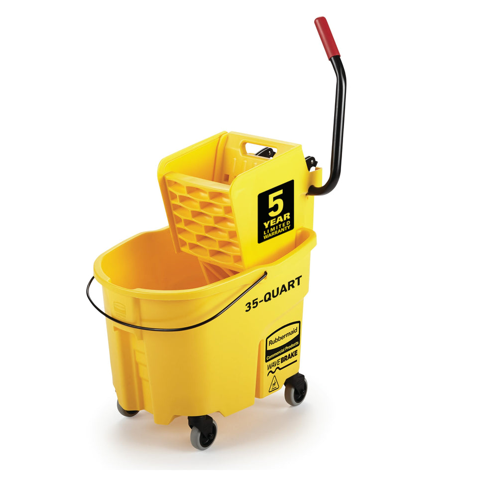 Rubbermaid WaveBrake 35 Qt mop bucket on wheels for easy, safe transport.