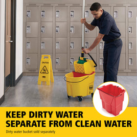 Rubbermaid WaveBrake wringer supports XS–XL mop sizes for versatility.