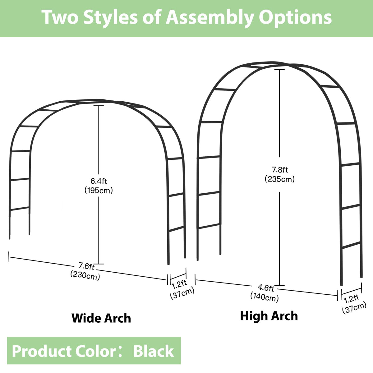 RUBFAC 7.8ft garden arch side view showing climbing plants