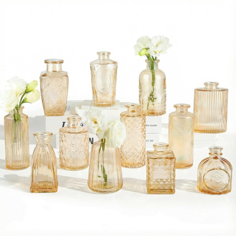 RUCKAE 12-pack glass bud vases in gold, ideal for elegant wedding centerpieces.