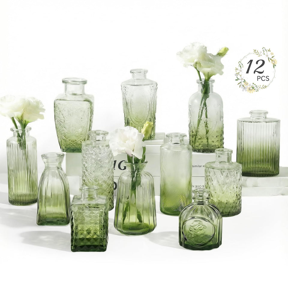 Ruckae bud vase glass 12-pack in gradient green ideal for centerpieces.