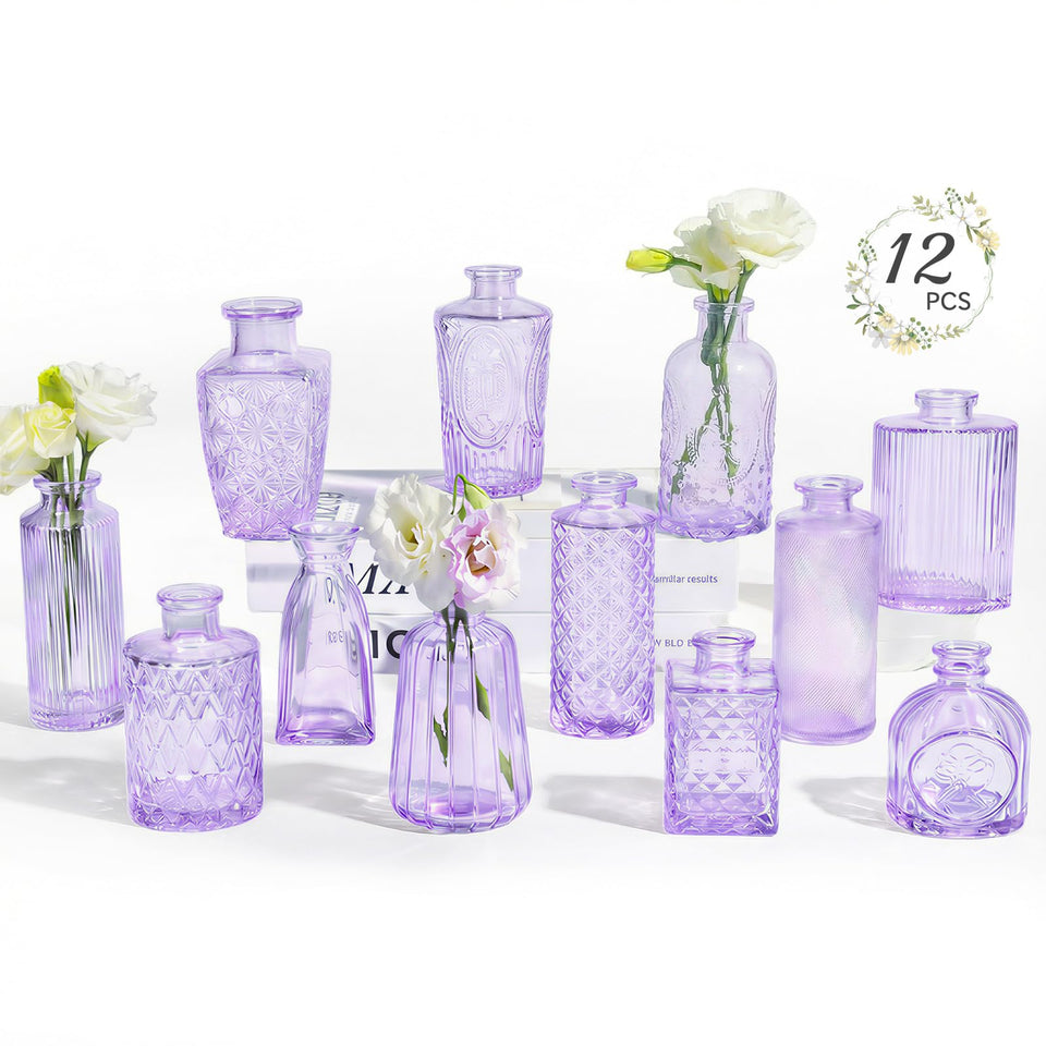 Ruckae glass bud vase close-up with etched lavender tone for elegant decor.