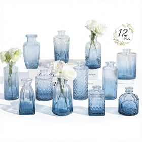 Ruckae gradient blue bud vase 12-pack shown as elegant wedding centerpieces.