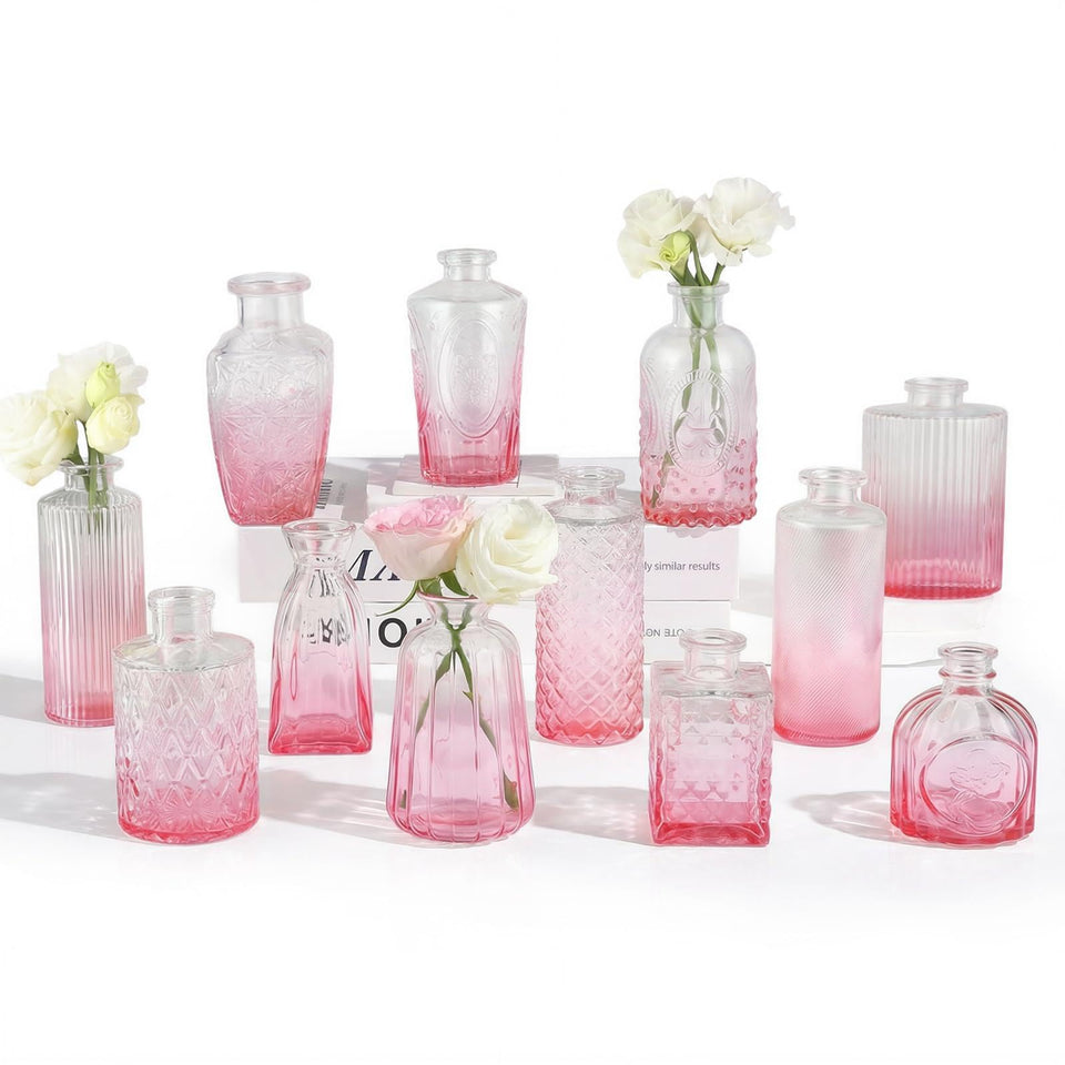 Ruckae gradient pink glass bud vase for vintage-inspired centerpiece displays.