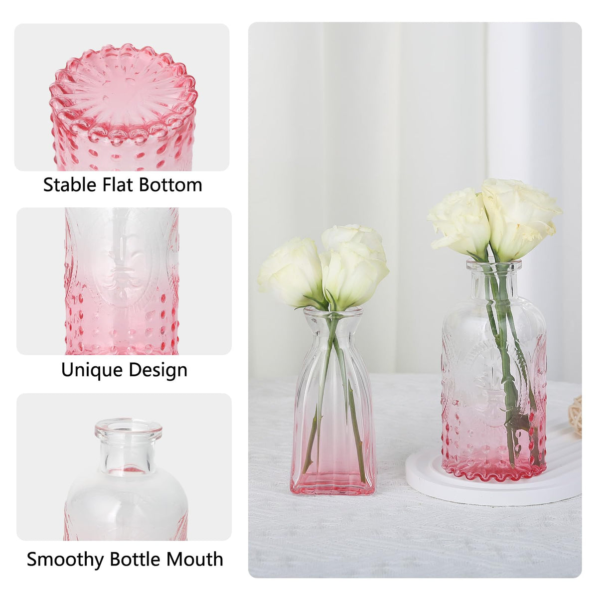 Ruckae gradient pink glass bud vase catches soft light on shelves.