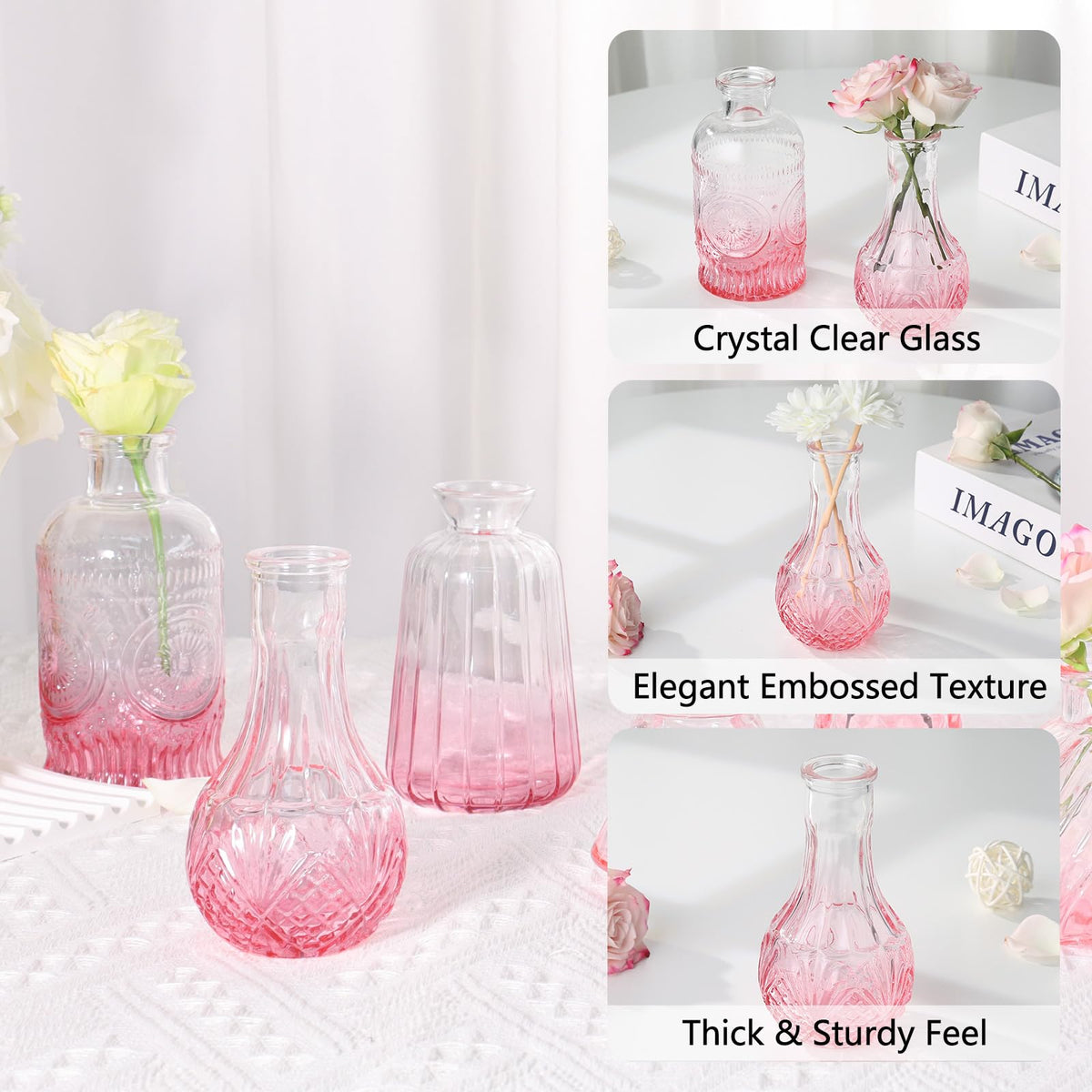 Ruckae gradient pink glass bud vase adds color to home mantels.
