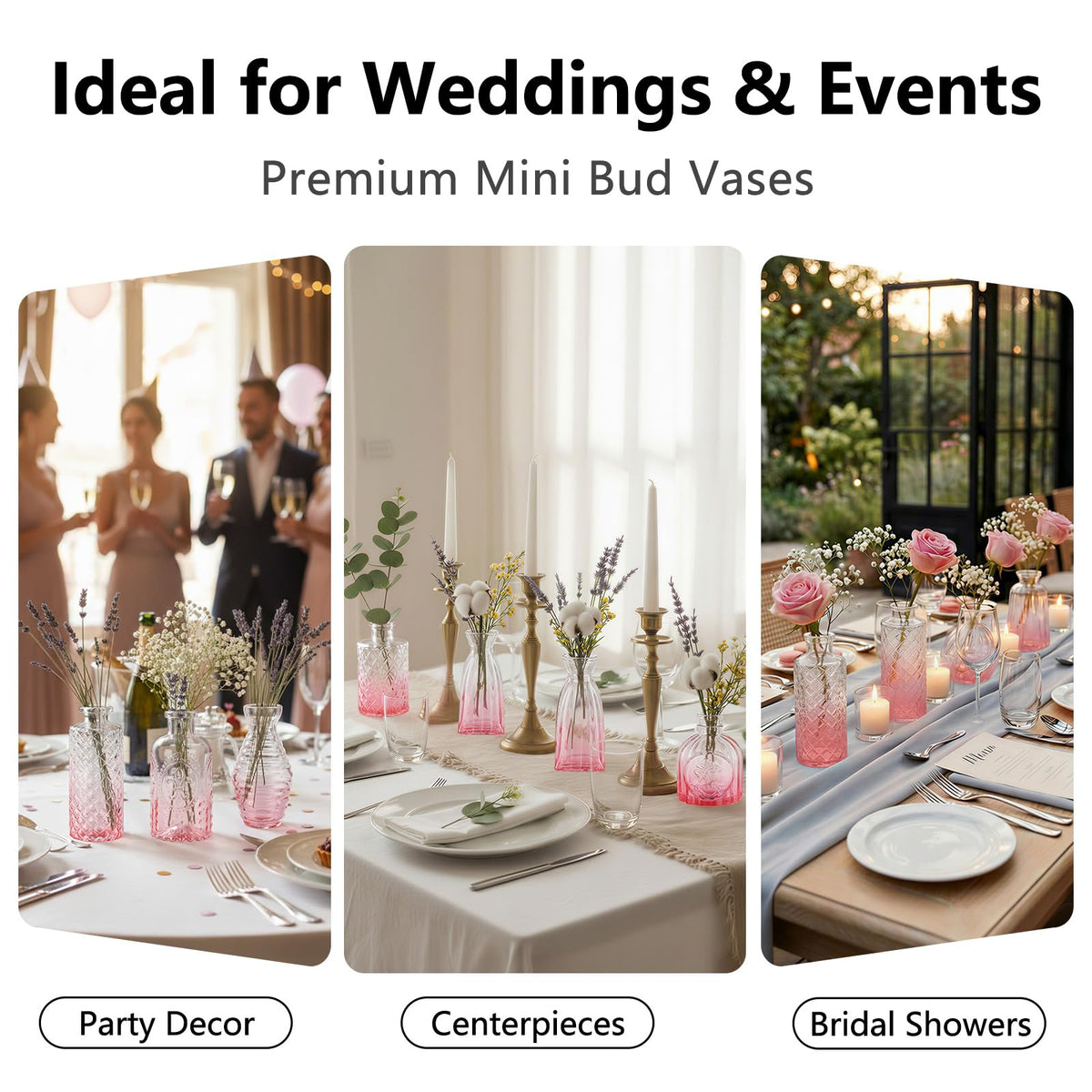 Ruckae gradient pink glass bud vase in a wedding decor setup.