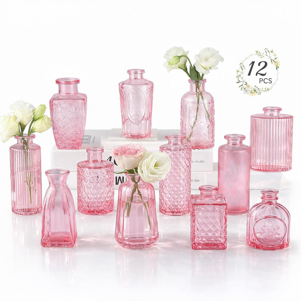 Ruckae pink bud vase 1 is an elegant vintage glass centerpiece for weddings.