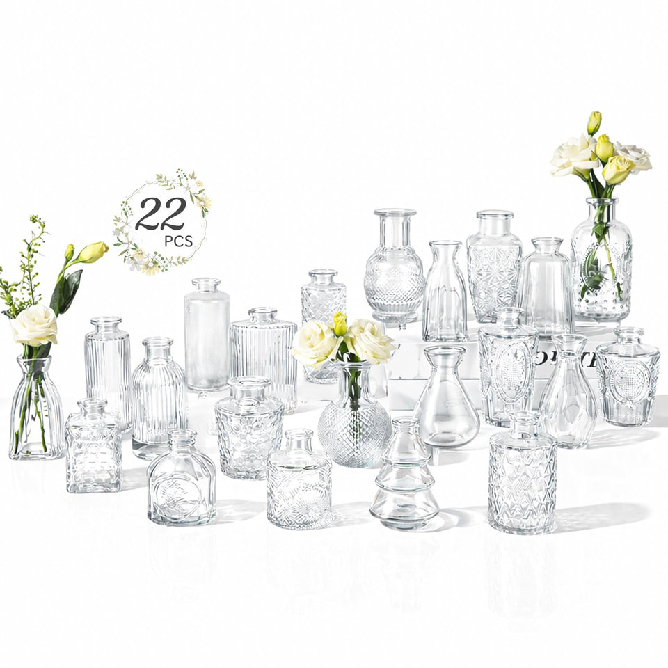 Ruckae small clear bud vases bulk 22-pack ideal for wedding centerpieces.