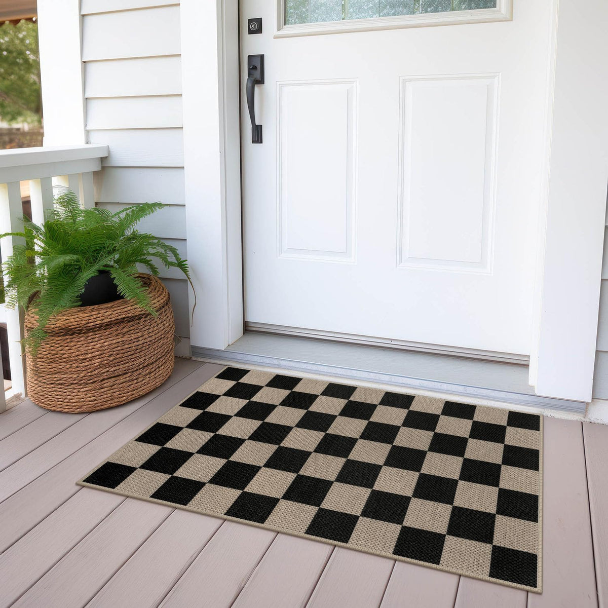 Checkerboard pattern adds farmhouse flair for entrances and mudrooms.